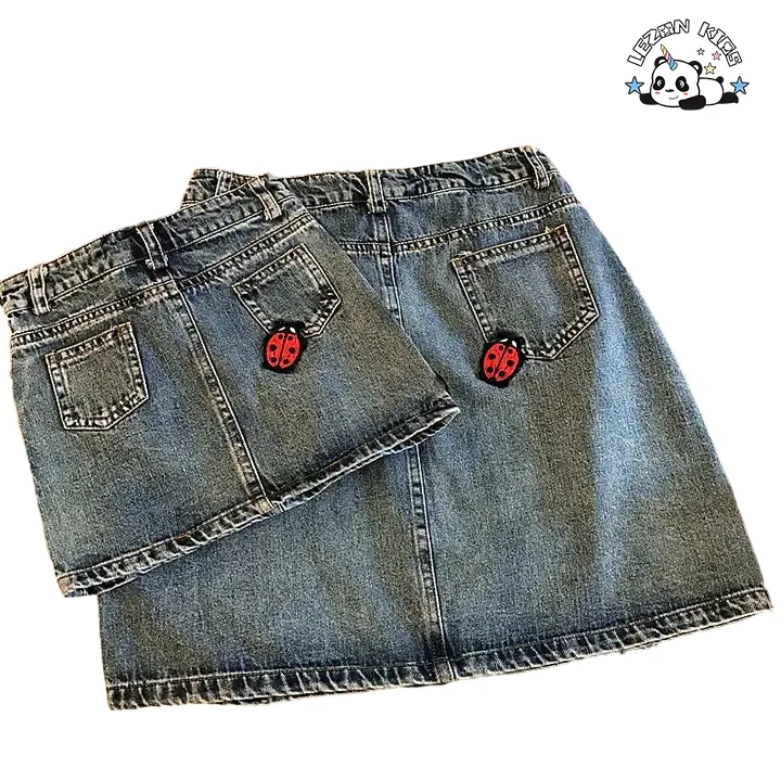 LEZONKIDS - Customizable Mommy and Me Cotton Washed Embroidered Patches Butterfly Ladybug Flowers Girls Denim Skirt
